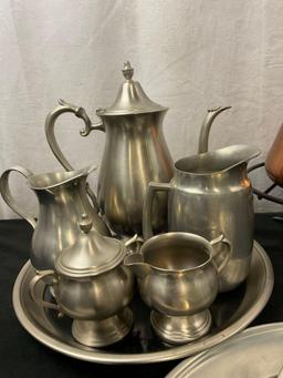 Lovely Selection of Pewter Servingware and Swiss Copper Fondue Pot w/ Chafing Dish and warmer