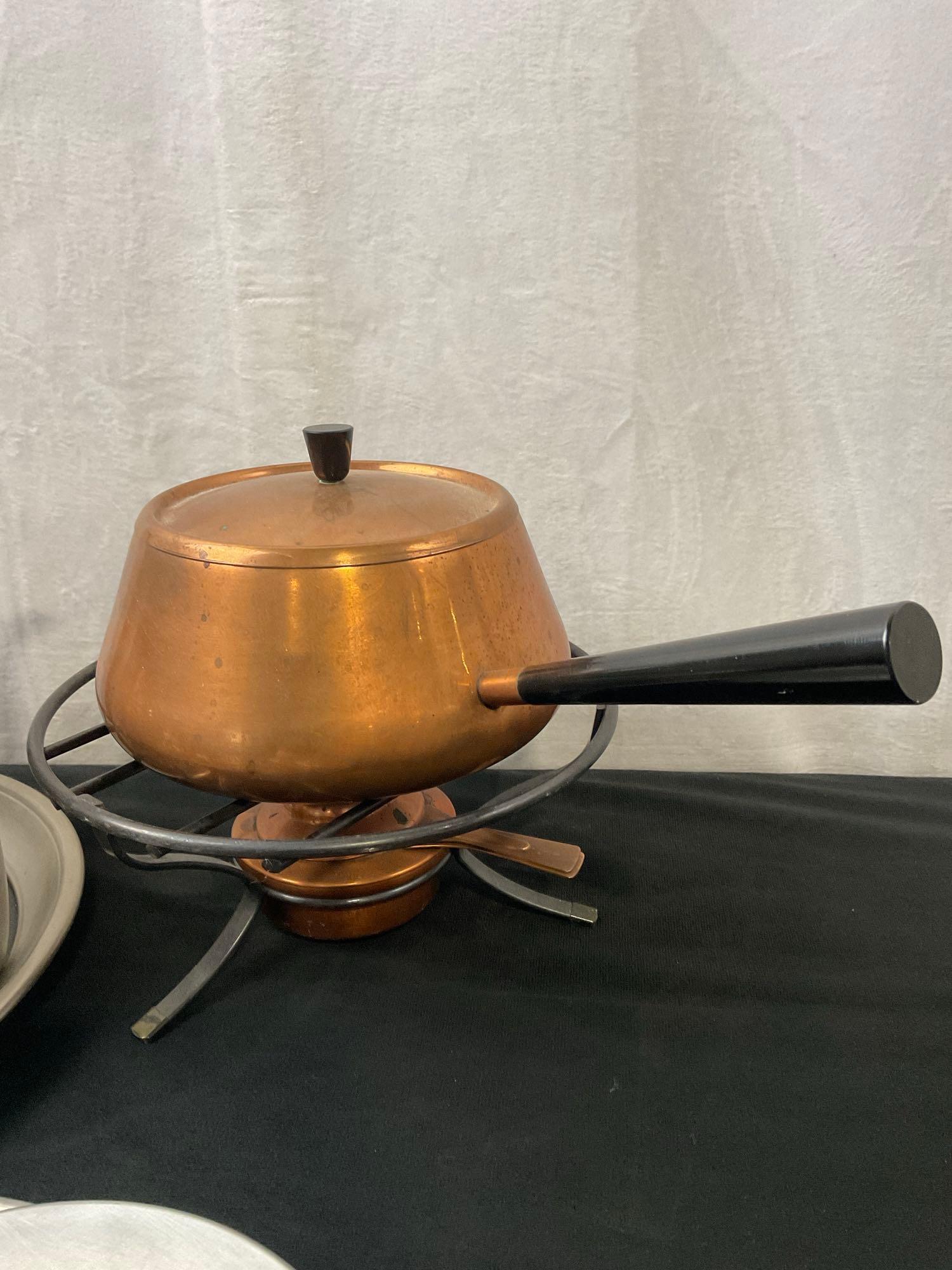 Lovely Selection of Pewter Servingware and Swiss Copper Fondue Pot w/ Chafing Dish and warmer