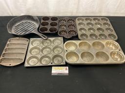 Vintage Cast Iron Wagnerware Grill Pan, Cupcake Molds, Cornbread Pan, and more, 7 pieces