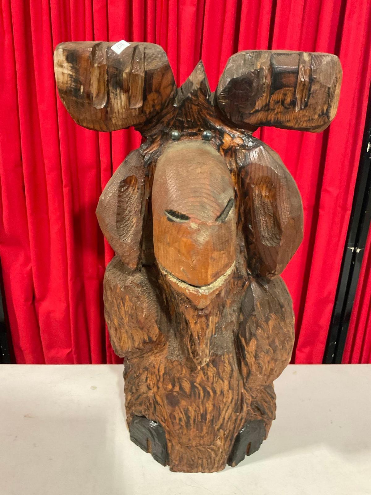 Chainsaw Carved Moose Statue w/ Beaded eyes & Robust Features - See pics