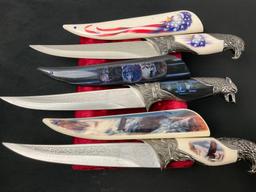 Trio of Patriotic Daggers w/ Cases with Wolf & Eagle Motifs, 7.5 inch Fixed blades, White & Black