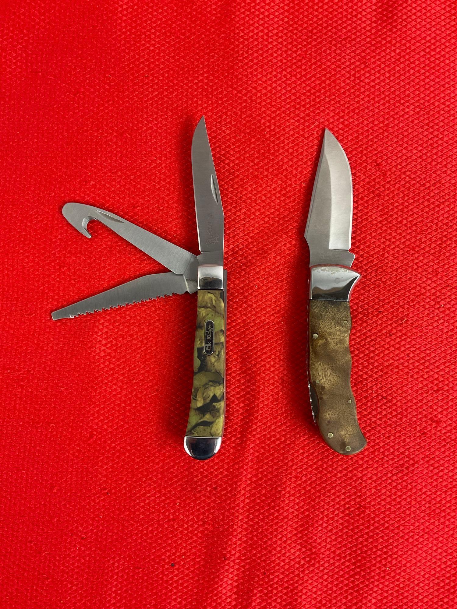 2 pcs Elk Ridge 440 Steel Folding Blade Lock Back Pocket Knives Models 89C & 138. NIB. See pics.