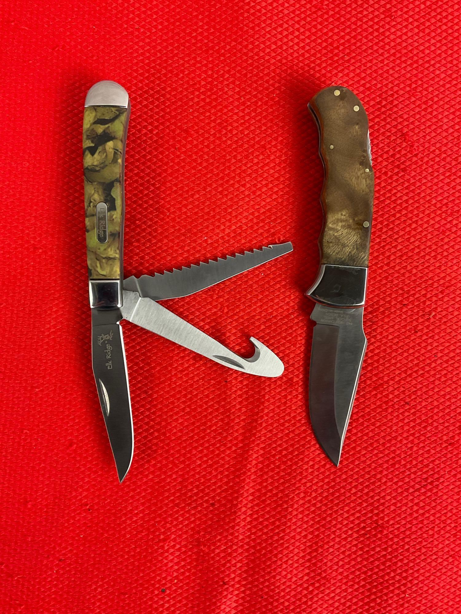 2 pcs Elk Ridge 440 Steel Folding Blade Lock Back Pocket Knives Models 89C & 138. NIB. See pics.