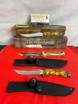 2 pcs 5.5" Steel Fixed Blade Hunting Knives. The Woodsman 210944. Upsweep Hunter 210914. NIB. See