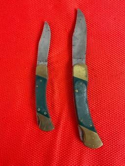 2 pcs Vintage Coyote Steel Folding Knives. 2.5" & 3.5" Blades w/ Brass & Composite Handles. See