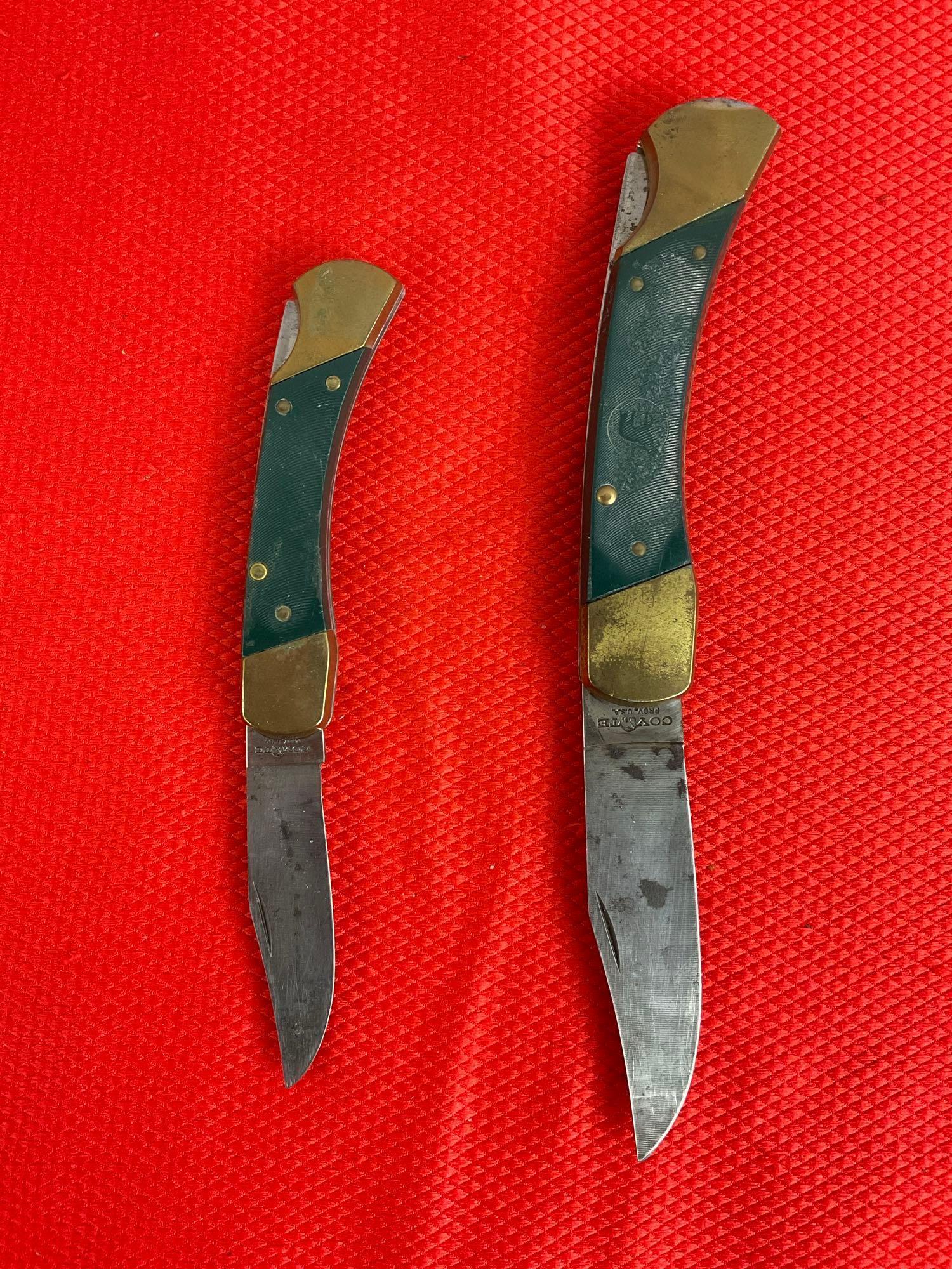 2 pcs Vintage Coyote Steel Folding Knives. 2.5" & 3.5" Blades w/ Brass & Composite Handles. See