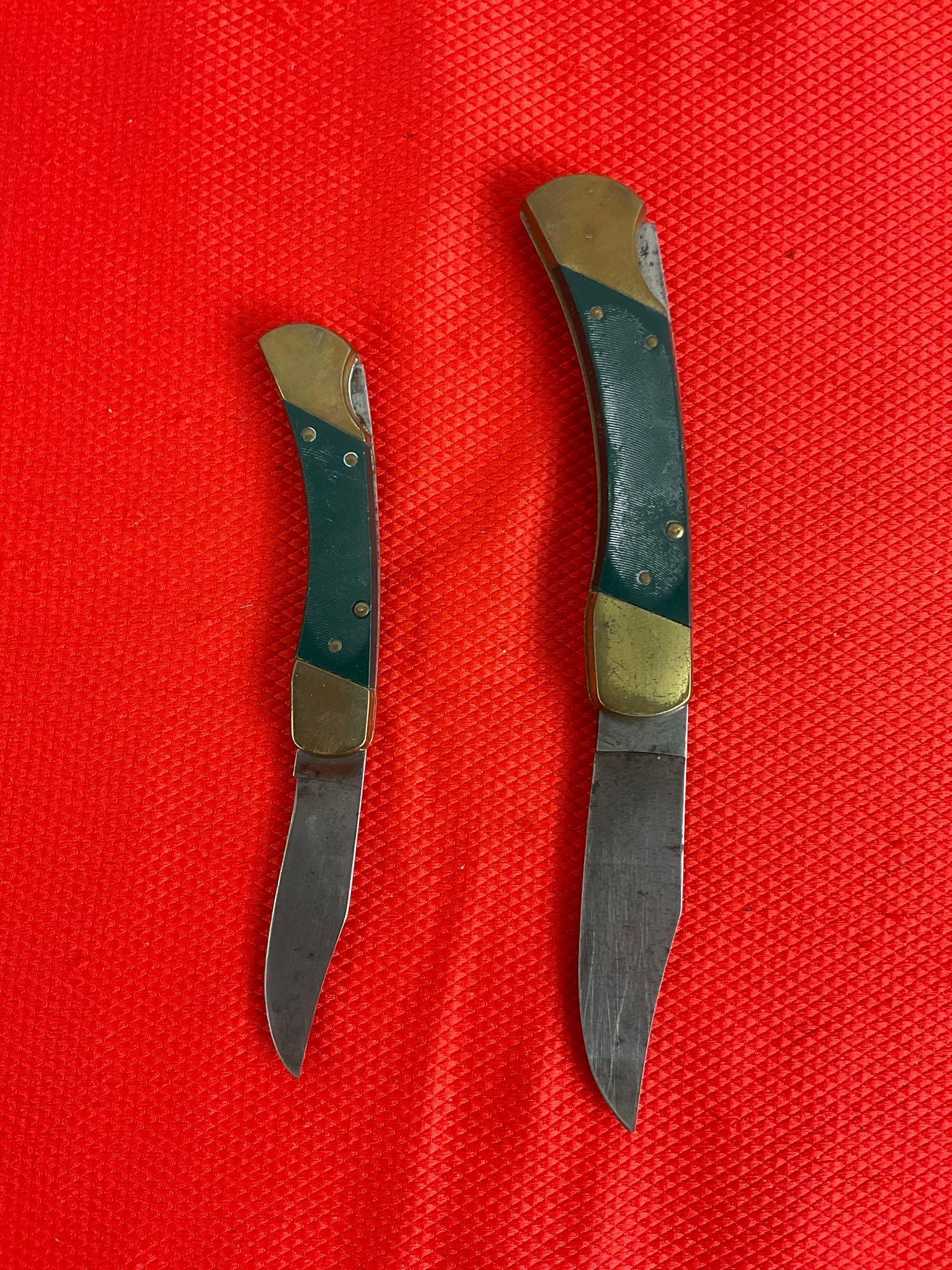 2 pcs Vintage Coyote Steel Folding Knives. 2.5" & 3.5" Blades w/ Brass & Composite Handles. See