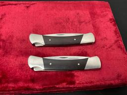 Pair of Vintage Buck Folding Pocket Knives, 2x 501 Squire Knife, Laminate and Stainless Steel