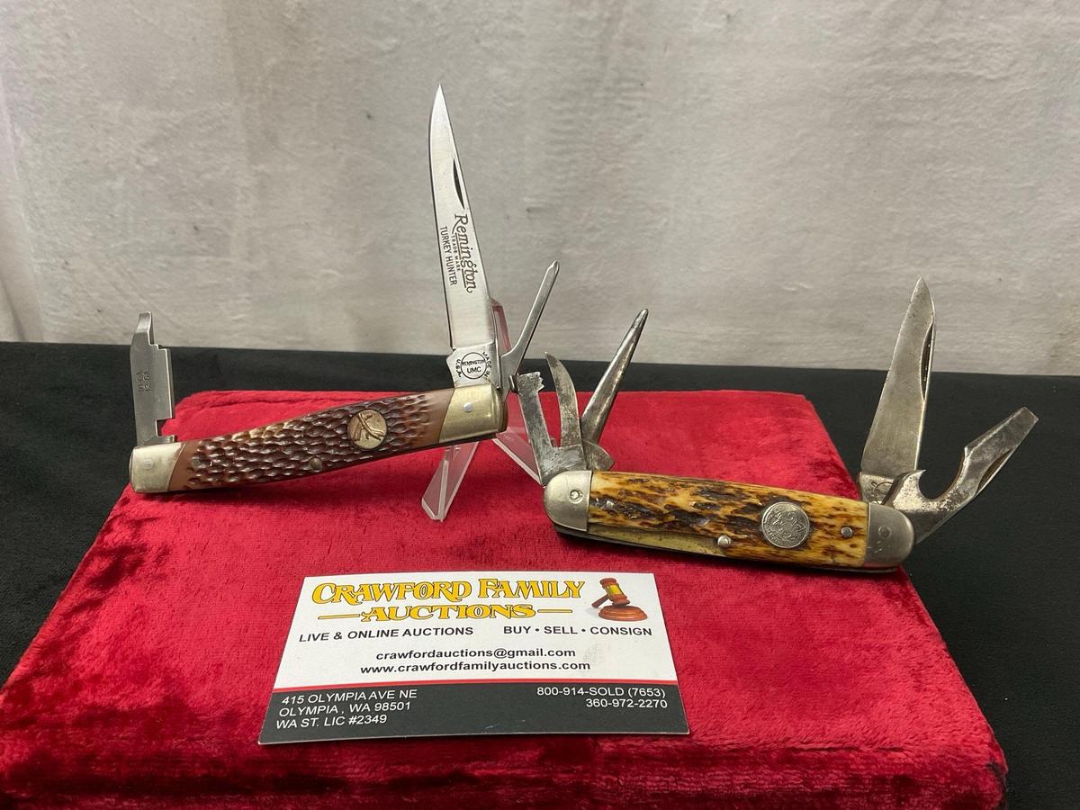 Pair of Vintage Remington Folding Pocket Knives, R-7 Turkey Hunter & Boy Scout RS3333 w/Bone Hand...