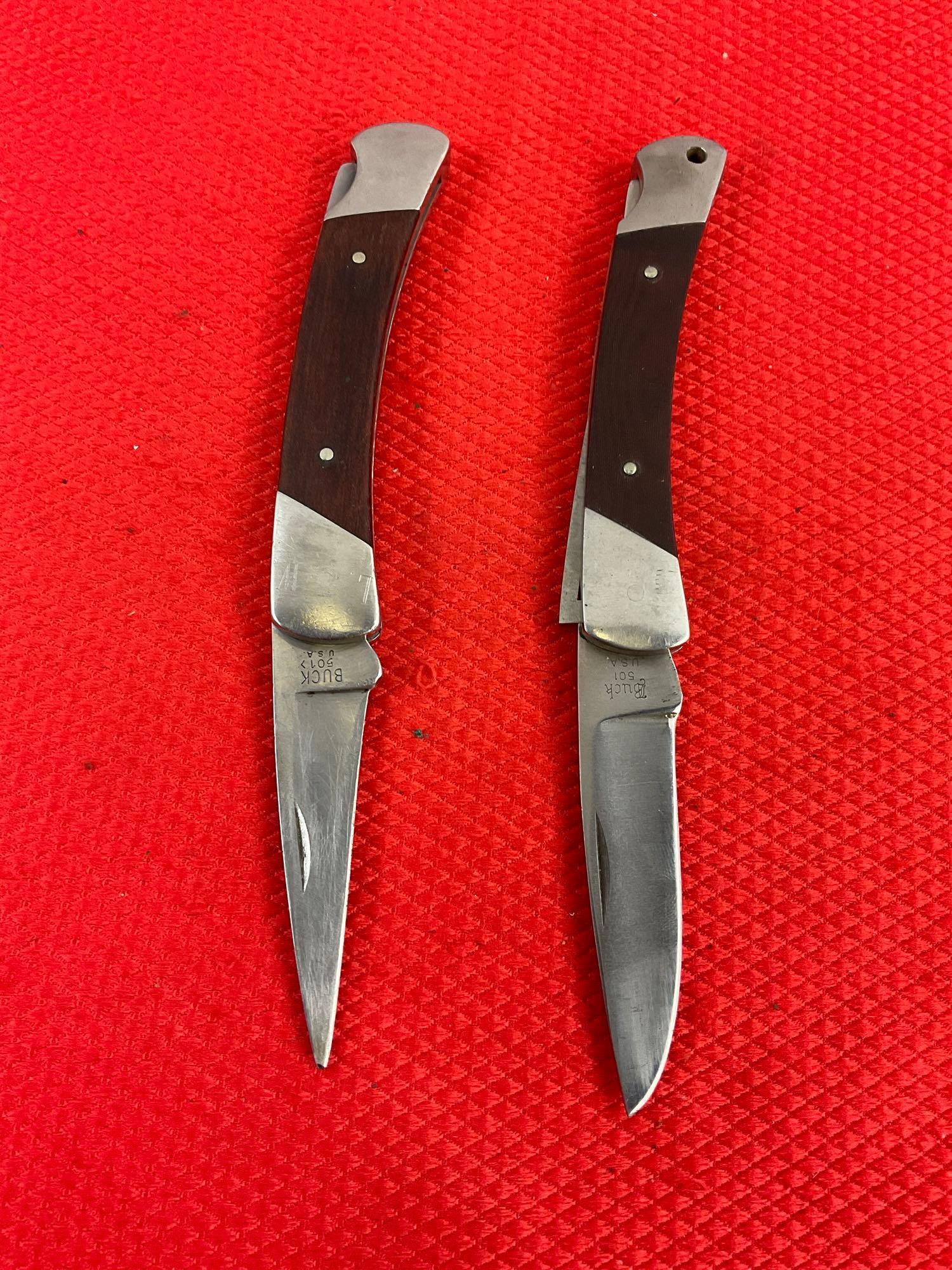 2 pcs Vintage Buck 2.5" Steel Folding Blade Squire Pocket Knives Models 501 & 501>. See pics.