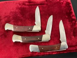 Trio of Vintage Buck Knives 503 Prince Folding Pocket Knife, Nickel Silver & Wooden Handle