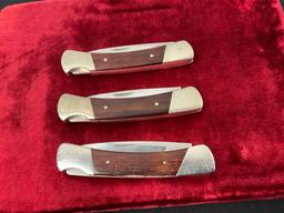 Trio of Vintage Buck Knives 503 Prince Folding Pocket Knife, Nickel Silver & Wooden Handle