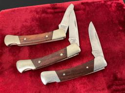 Trio of Vintage Buck Knives 503 Prince Folding Pocket Knife, Nickel Silver & Wooden Handle