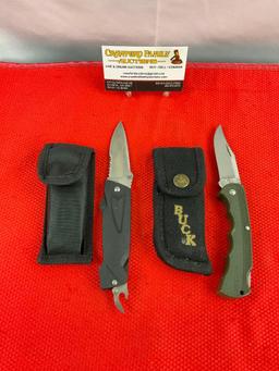 2 pcs Buck Steel Folding Knives w/ Sheathes, Models 422V Bucklite & 731<- w/ Can Opener. See pics.