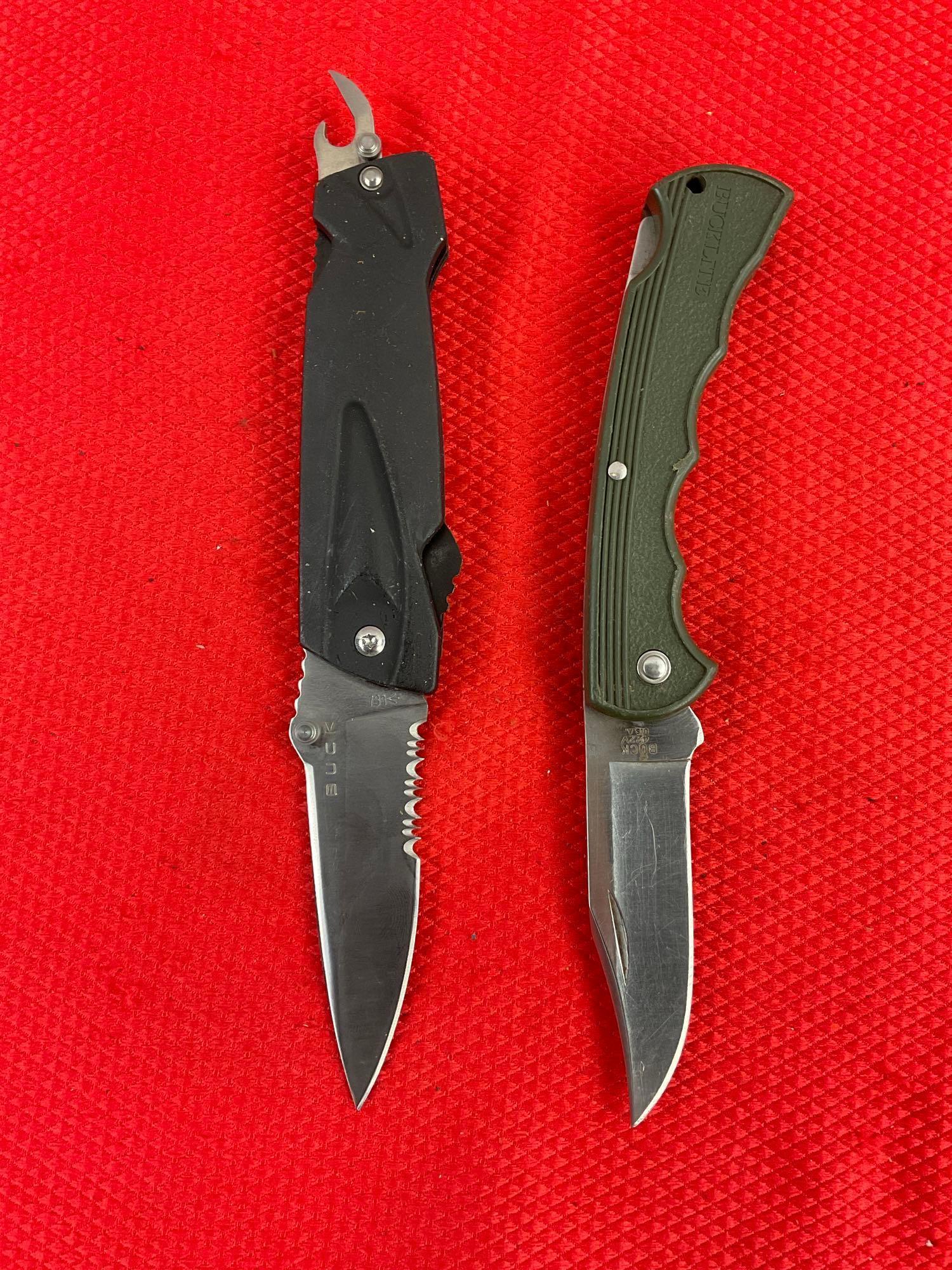 2 pcs Buck Steel Folding Knives w/ Sheathes, Models 422V Bucklite & 731<- w/ Can Opener. See pics.