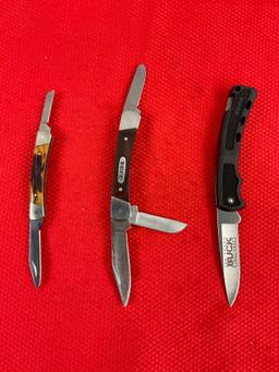 3 pcs Buck Steel Folding Blade Collectible Pocket Knives Models 703, 705 & B444. Signed. See pics.