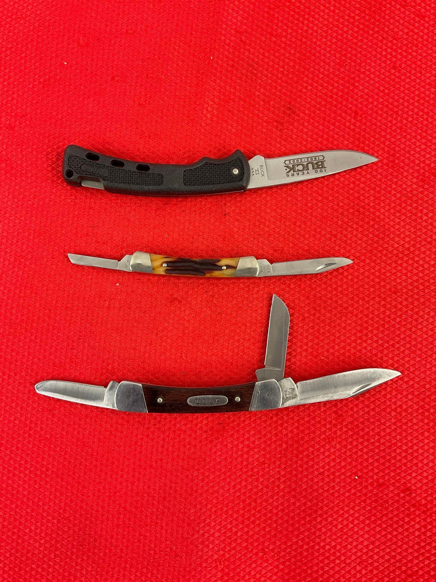 3 pcs Buck Steel Folding Blade Collectible Pocket Knives Models 703, 705 & B444. Signed. See pics.