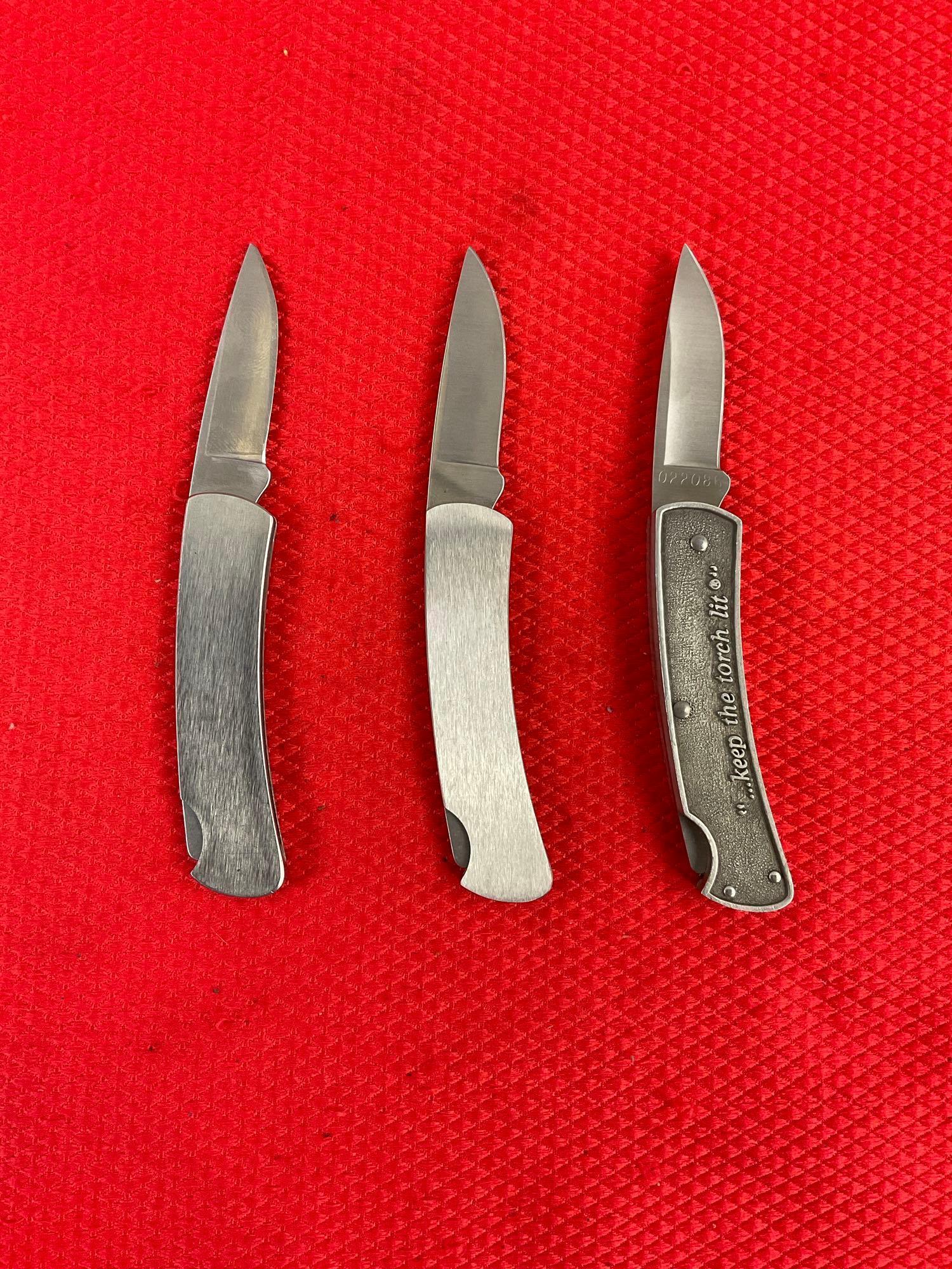3 pcs Vintage Buck Folding Blade Pocket Knives Models 525 Wild Turkey & 825 100 Years. See pics.