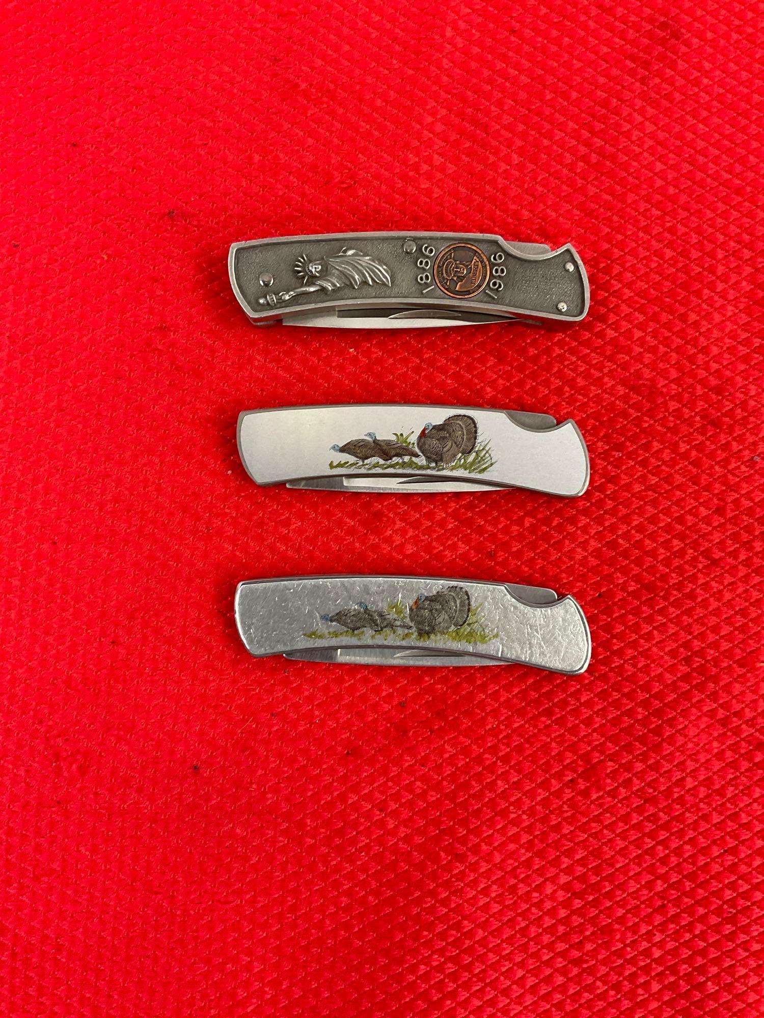 3 pcs Vintage Buck Folding Blade Pocket Knives Models 525 Wild Turkey & 825 100 Years. See pics.