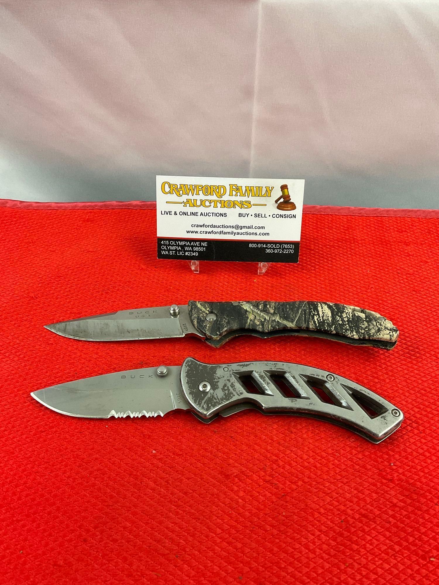 2 pcs Modern Buck Steel Folding Blade Pocket Knives Models 285 Bantam & 318 Parallex. See pics.