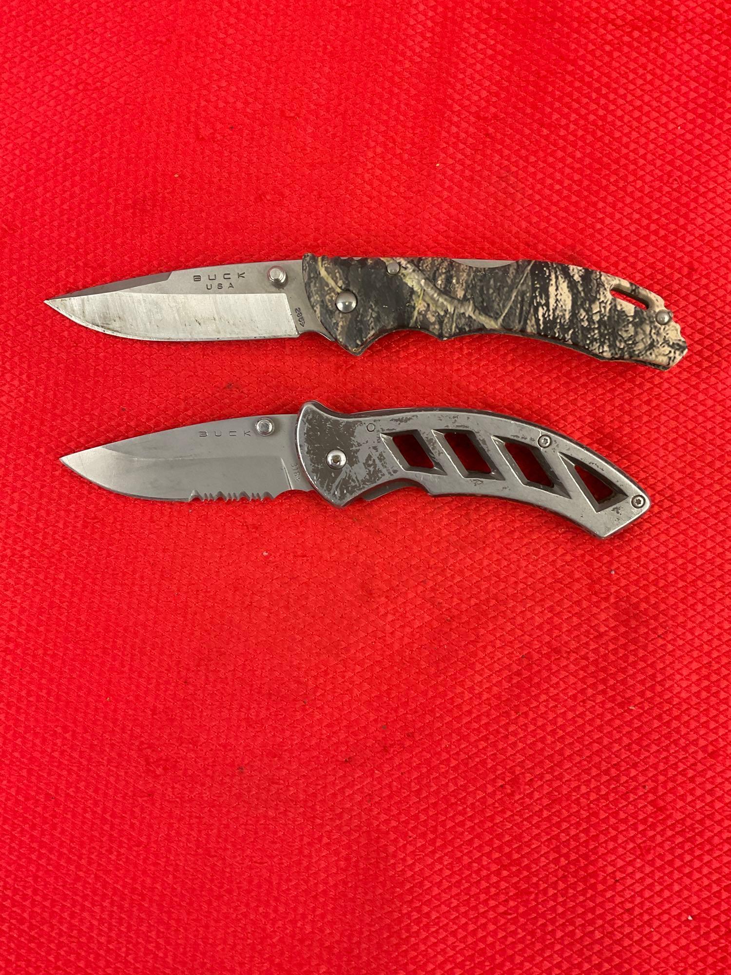 2 pcs Modern Buck Steel Folding Blade Pocket Knives Models 285 Bantam & 318 Parallex. See pics.