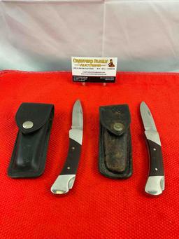 2 pcs Vintage Buck 2.5" Steel Folding Blade Pocket Knives Model 500 Duke w/ Original Sheathes. See