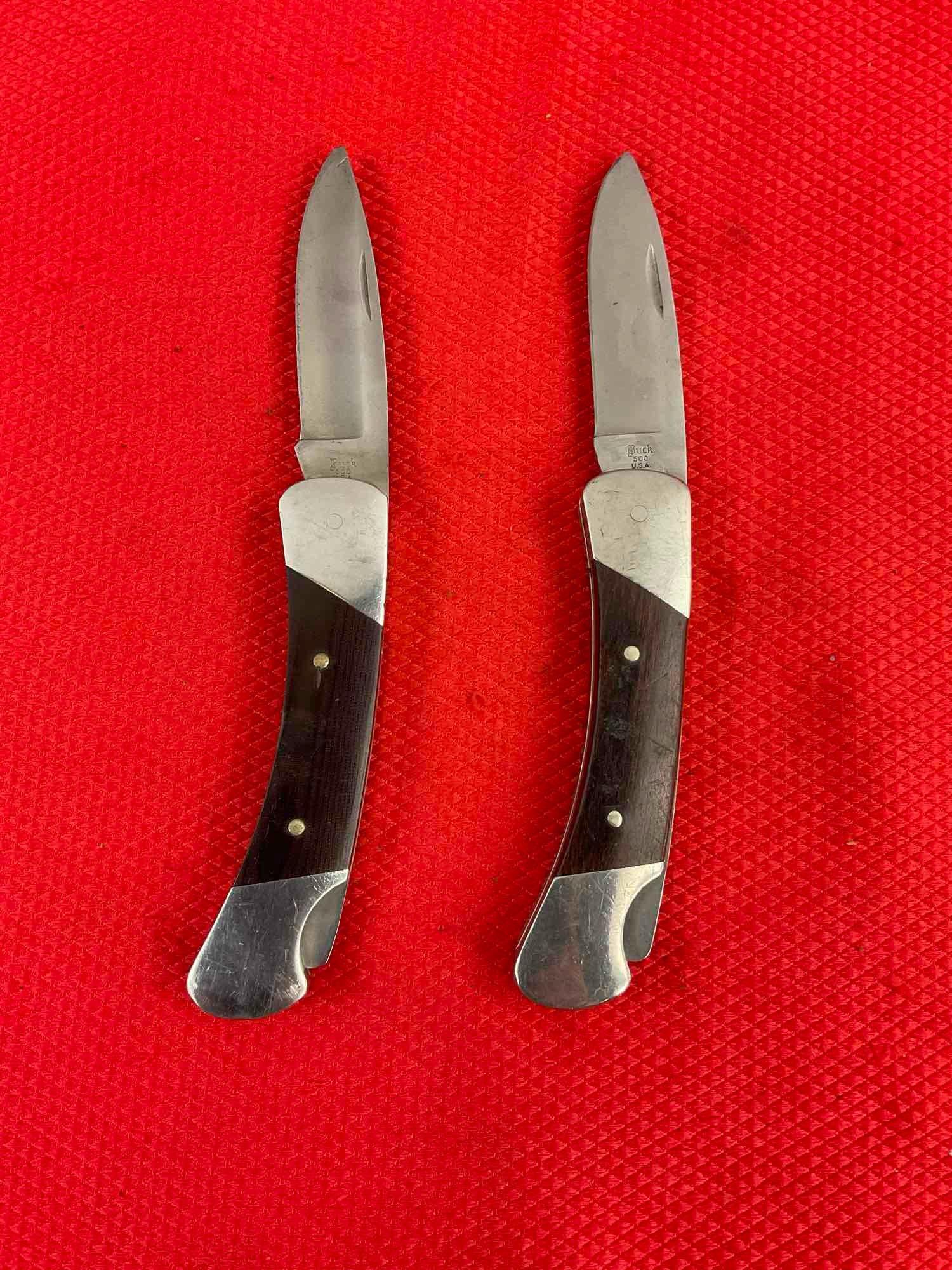 2 pcs Vintage Buck 2.5" Steel Folding Blade Pocket Knives Model 500 Duke w/ Original Sheathes. See