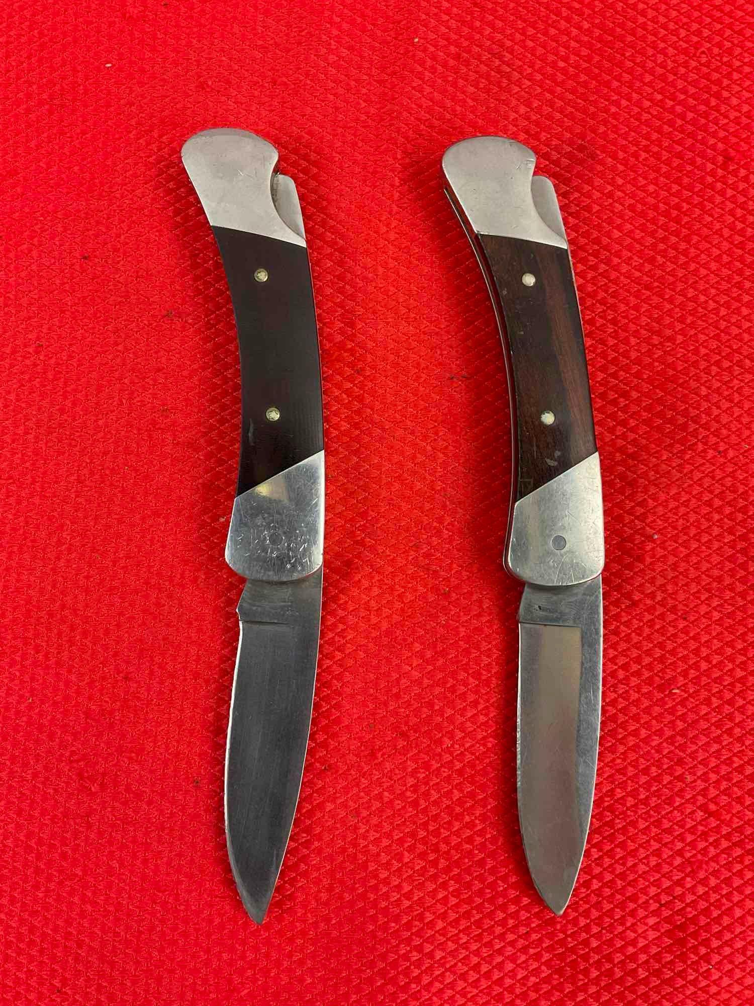 2 pcs Vintage Buck 2.5" Steel Folding Blade Pocket Knives Model 500 Duke w/ Original Sheathes. See