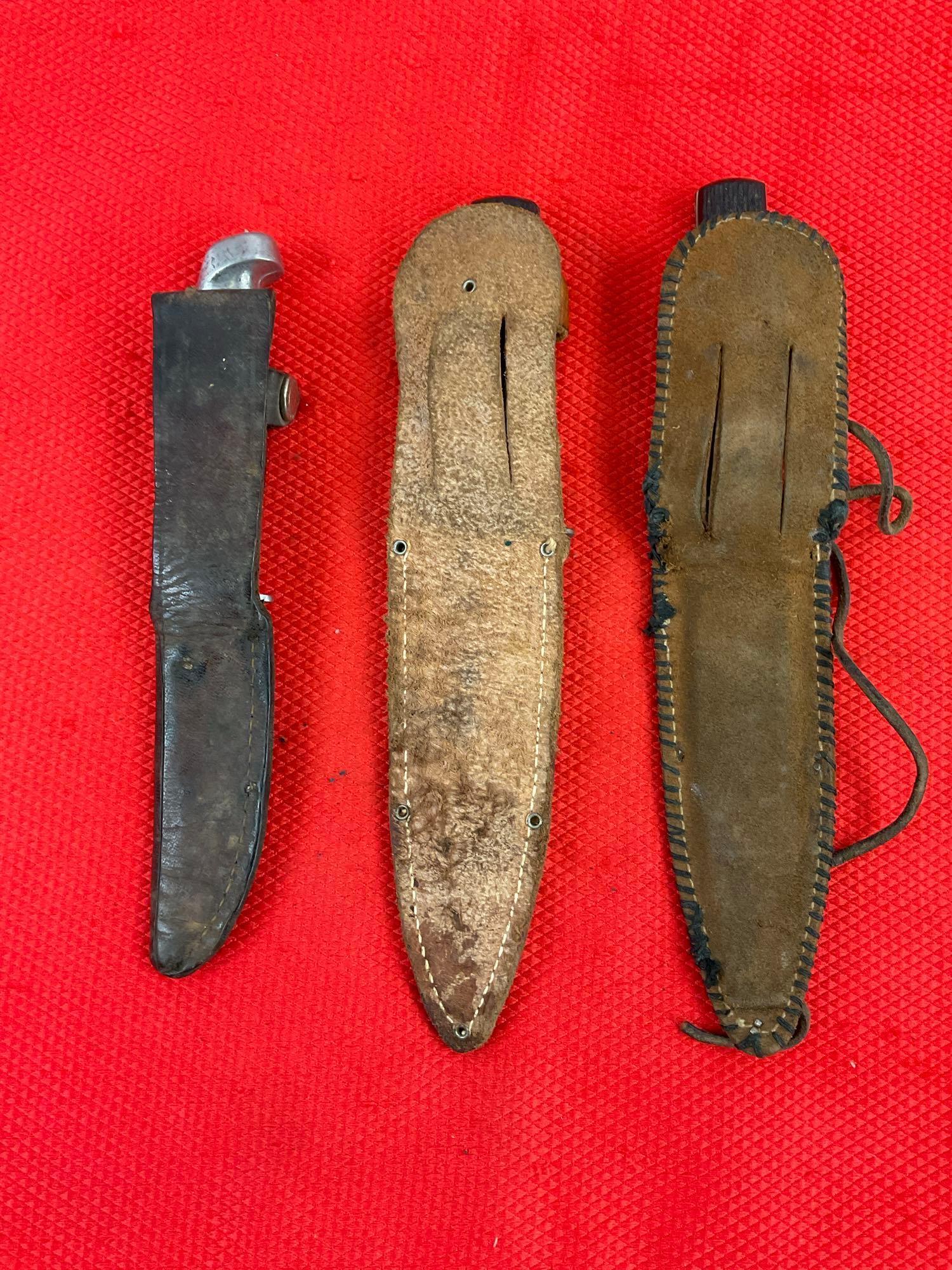 3 pcs Vintage Fixed Blade Hunting Knife Assortment. 2x Imperial, 1 Unknown Maker. See pics.