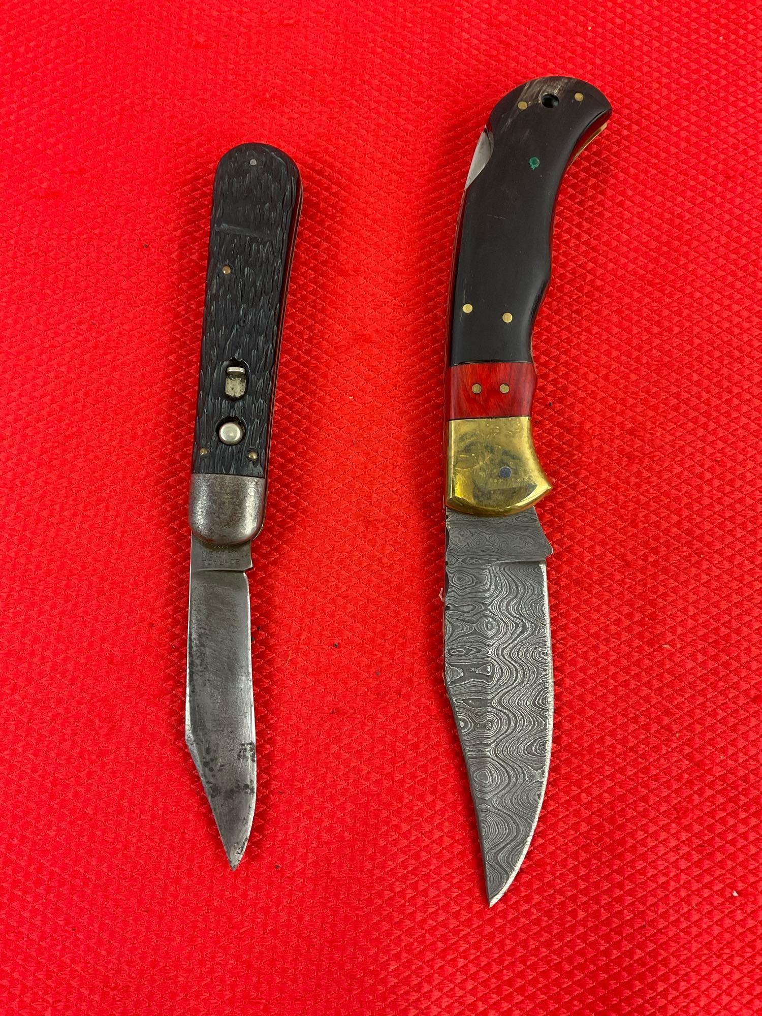 2 pcs Steel Folding Blade Pocket Knife Assortment. 1x Schrade Walden, 1x Unknown Maker. See pics.