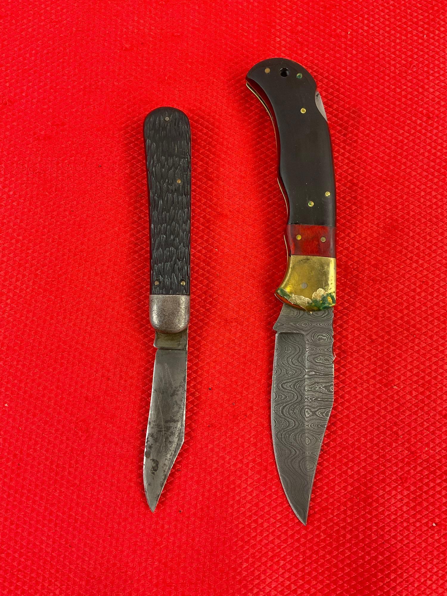 2 pcs Steel Folding Blade Pocket Knife Assortment. 1x Schrade Walden, 1x Unknown Maker. See pics.
