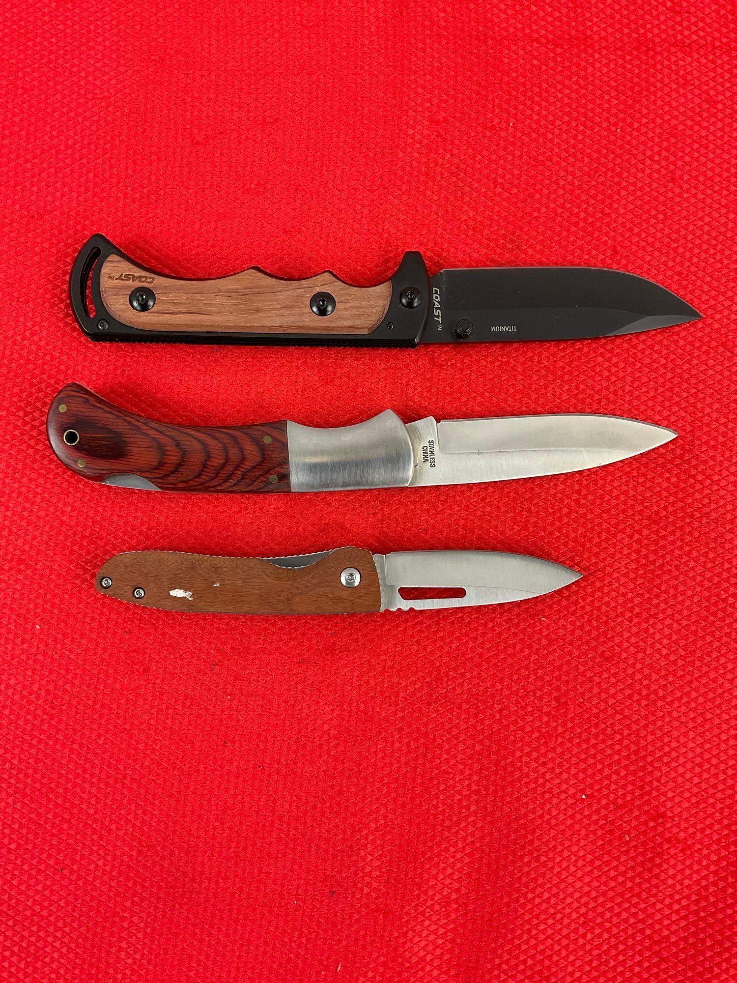 3 pcs Modern Folding Blade Pocket Knife Assortment. 1 Coast Titanium Knife, 2 Unknown. See pics.