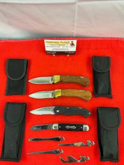 4 pcs Steel Folding Blade Pocket Knives w/ Sheathes. 1 Vintage Colonial w/ 4 Alternate Blades. See