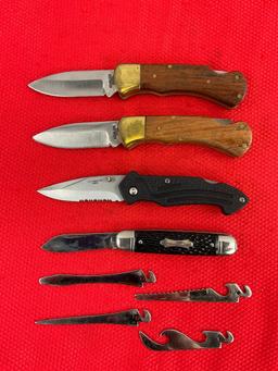 4 pcs Steel Folding Blade Pocket Knives w/ Sheathes. 1 Vintage Colonial w/ 4 Alternate Blades. See