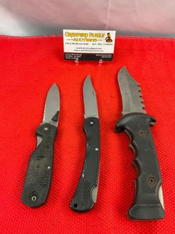 3 pcs Steel Folding Blade Pocket Hunting Knives. 1x Schrade+ CH7, 1x Marble's MR310. See pics.