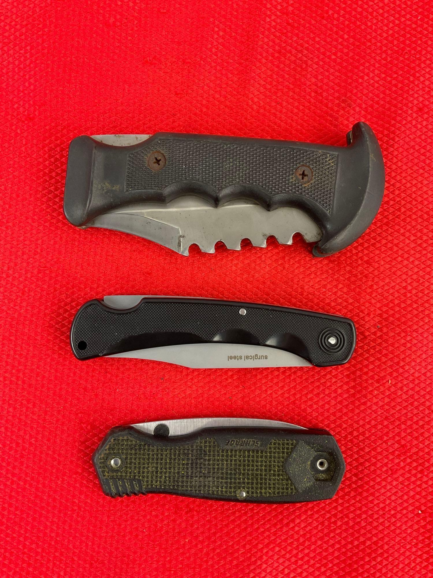 3 pcs Steel Folding Blade Pocket Hunting Knives. 1x Schrade+ CH7, 1x Marble's MR310. See pics.