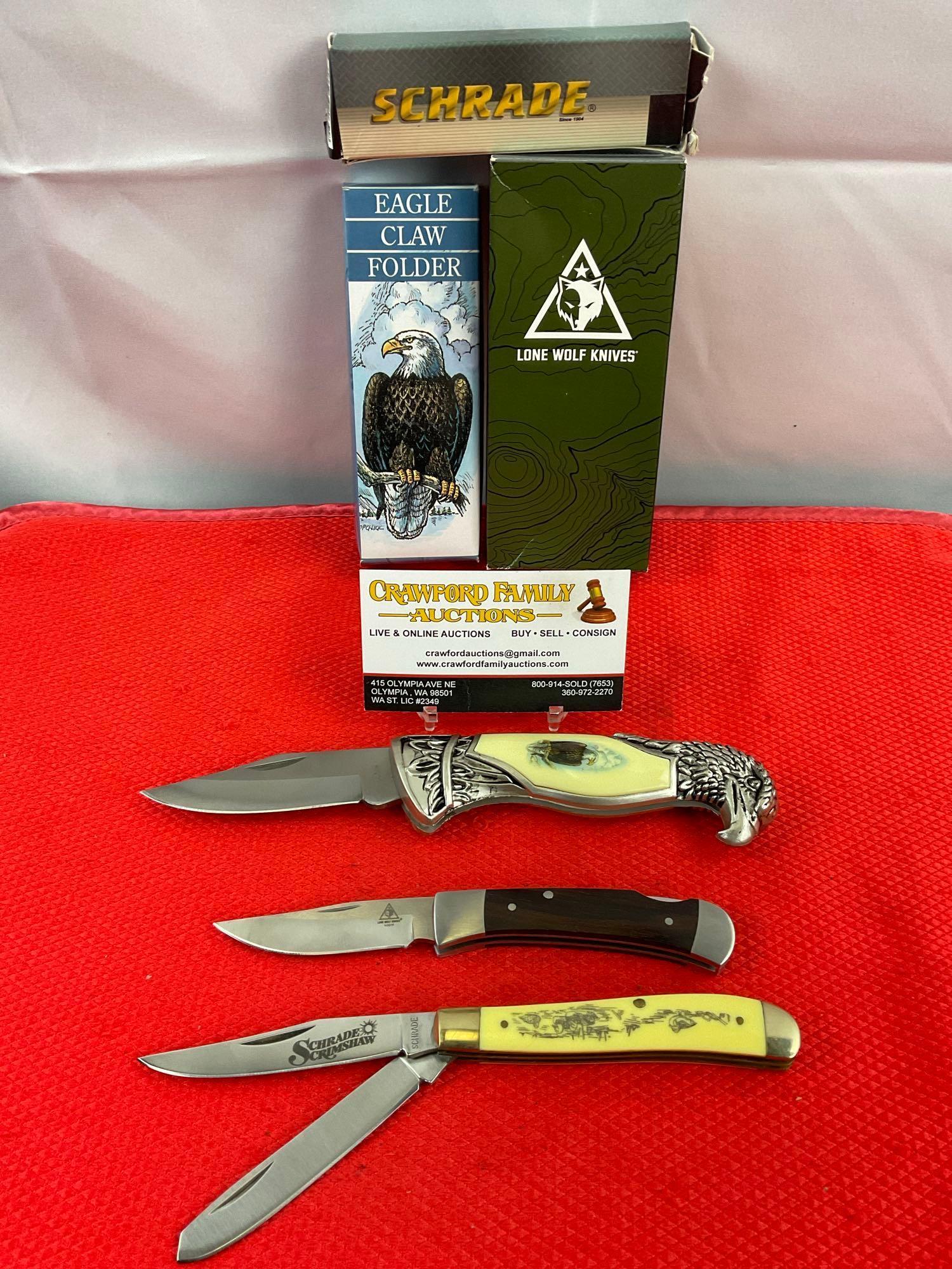 3 pcs Modern Steel Folding Blade Pocket Knives. 1 Schrade, 1 Lone Wolf, 1 Rite Edge. NIB. See pics.