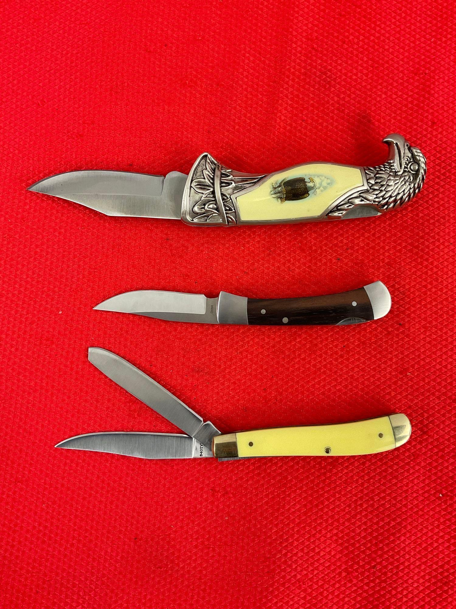 3 pcs Modern Steel Folding Blade Pocket Knives. 1 Schrade, 1 Lone Wolf, 1 Rite Edge. NIB. See pics.