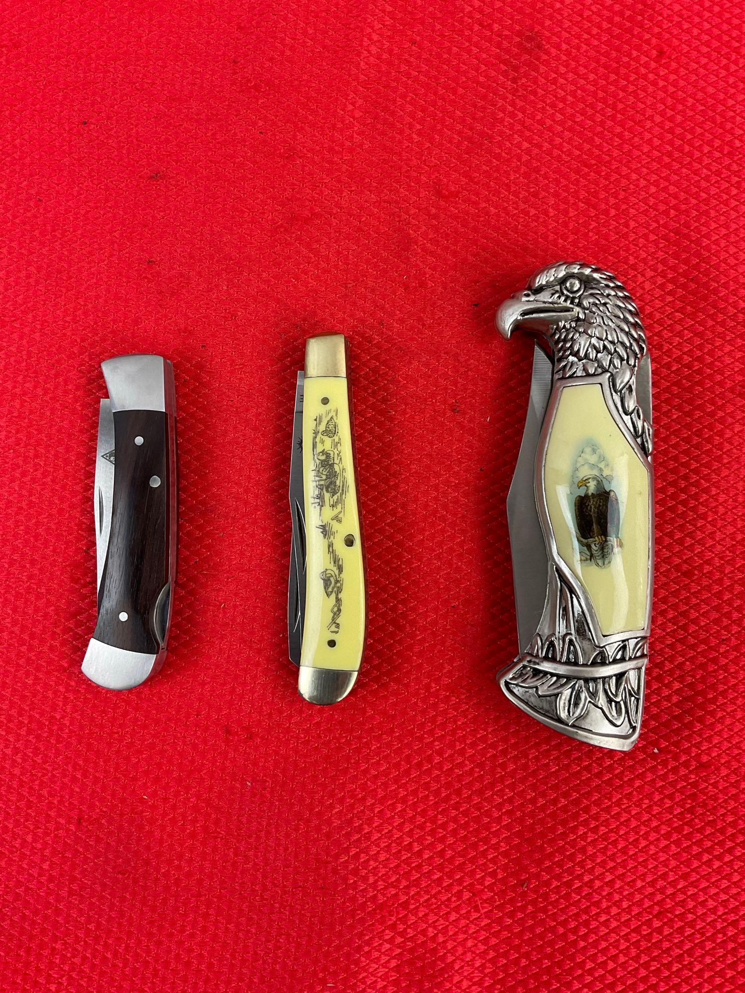 3 pcs Modern Steel Folding Blade Pocket Knives. 1 Schrade, 1 Lone Wolf, 1 Rite Edge. NIB. See pics.