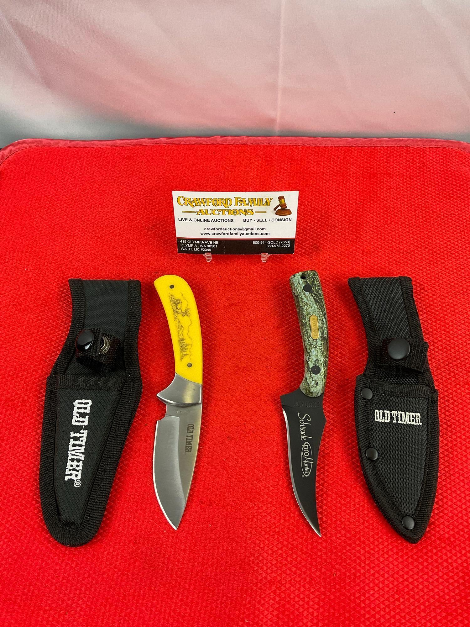 2 pcs Modern Schrade Steel Fixed Blade Hunting Knives Models 17-27 & 152OTBC w/ Sheathes. See pics.