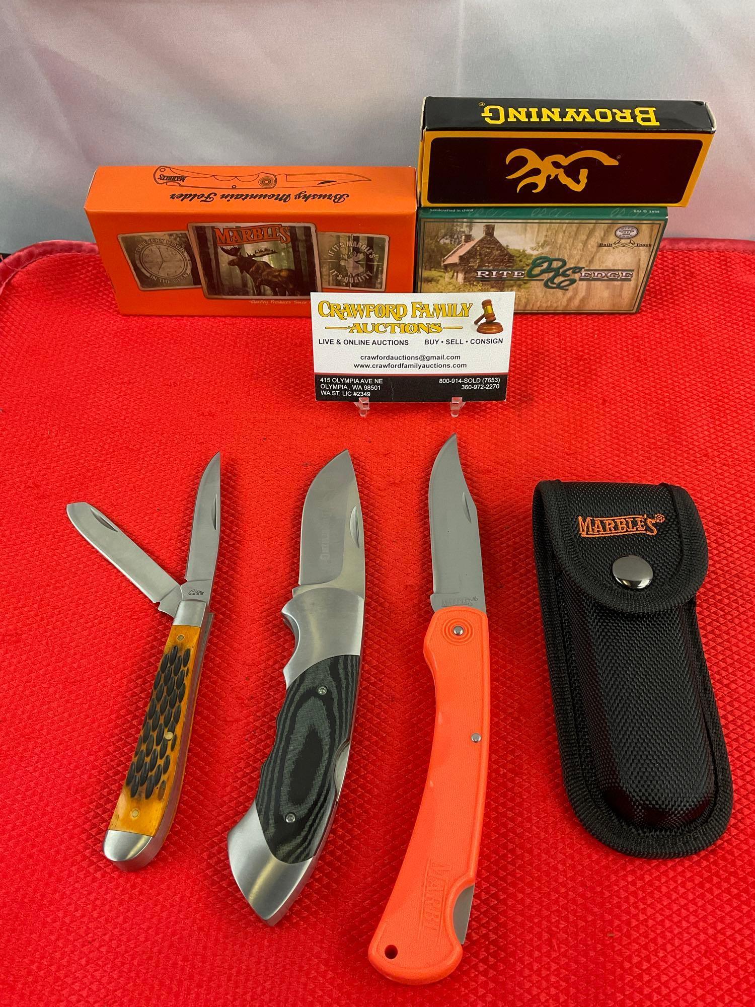 3 pcs Modern Steel Folding Blade Pocket Knives. 1x Browning, 1x Marble's, 1x Rite Edge. NIB. See