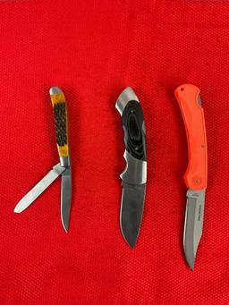 3 pcs Modern Steel Folding Blade Pocket Knives. 1x Browning, 1x Marble's, 1x Rite Edge. NIB. See