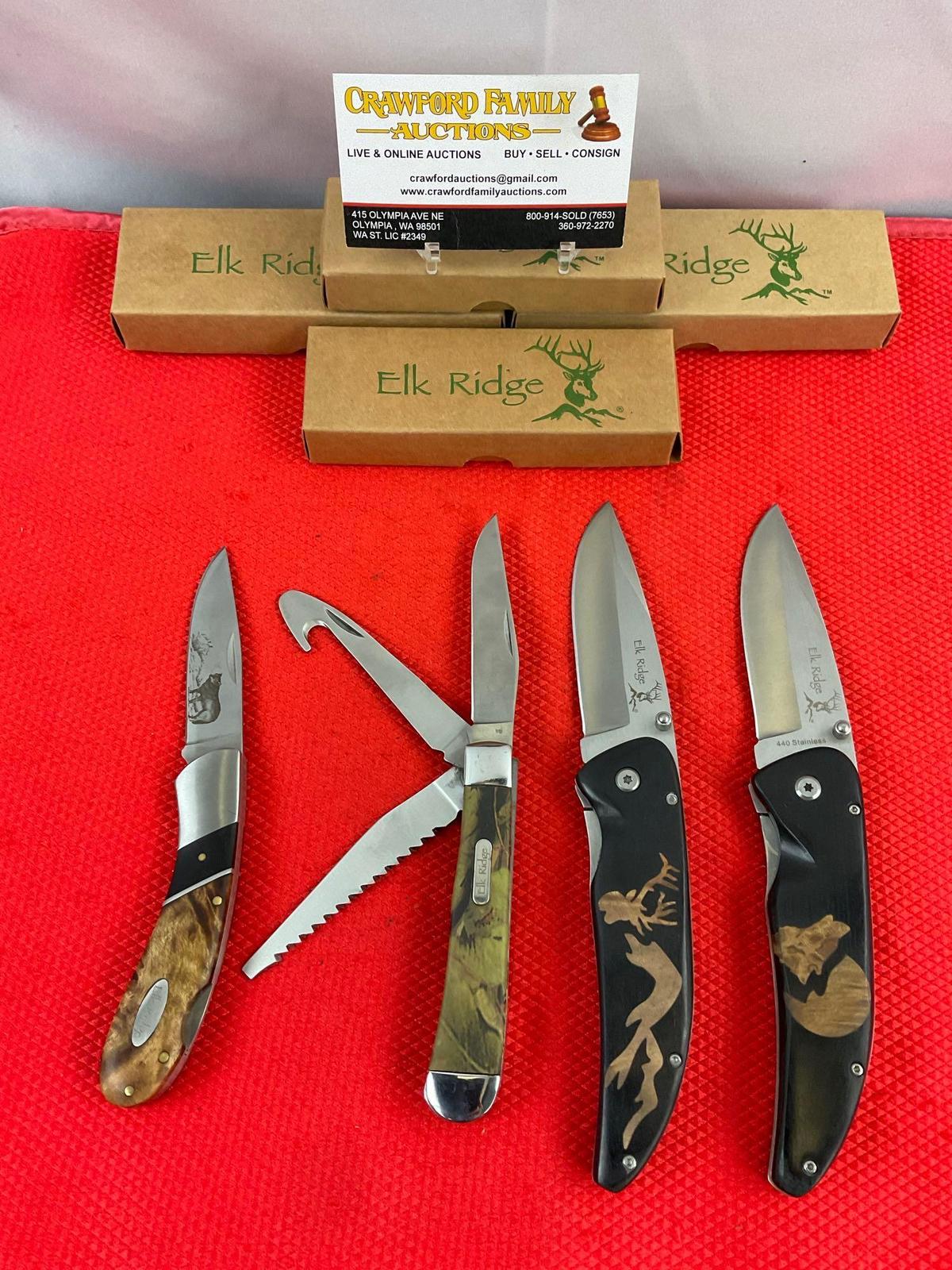 4 pcs Elk Ridge 440 Steel Folding Blade Pocket Knives Models 080D, 080W, 2 Unknown. NIB. See pics.