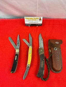 3 pcs Schrade Old Timer Steel Folding Blade Pocket Knives Models 6OT, 8OTY, 96OT. See pics.