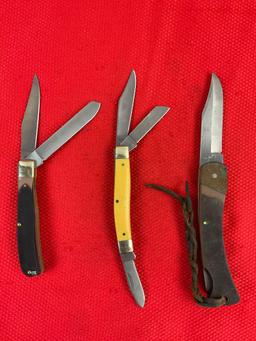 3 pcs Schrade Old Timer Steel Folding Blade Pocket Knives Models 6OT, 8OTY, 96OT. See pics.