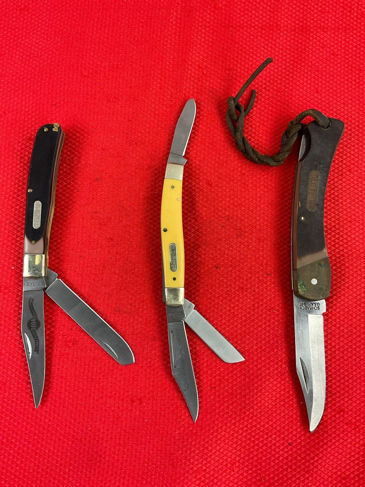 3 pcs Schrade Old Timer Steel Folding Blade Pocket Knives Models 6OT, 8OTY, 96OT. See pics.