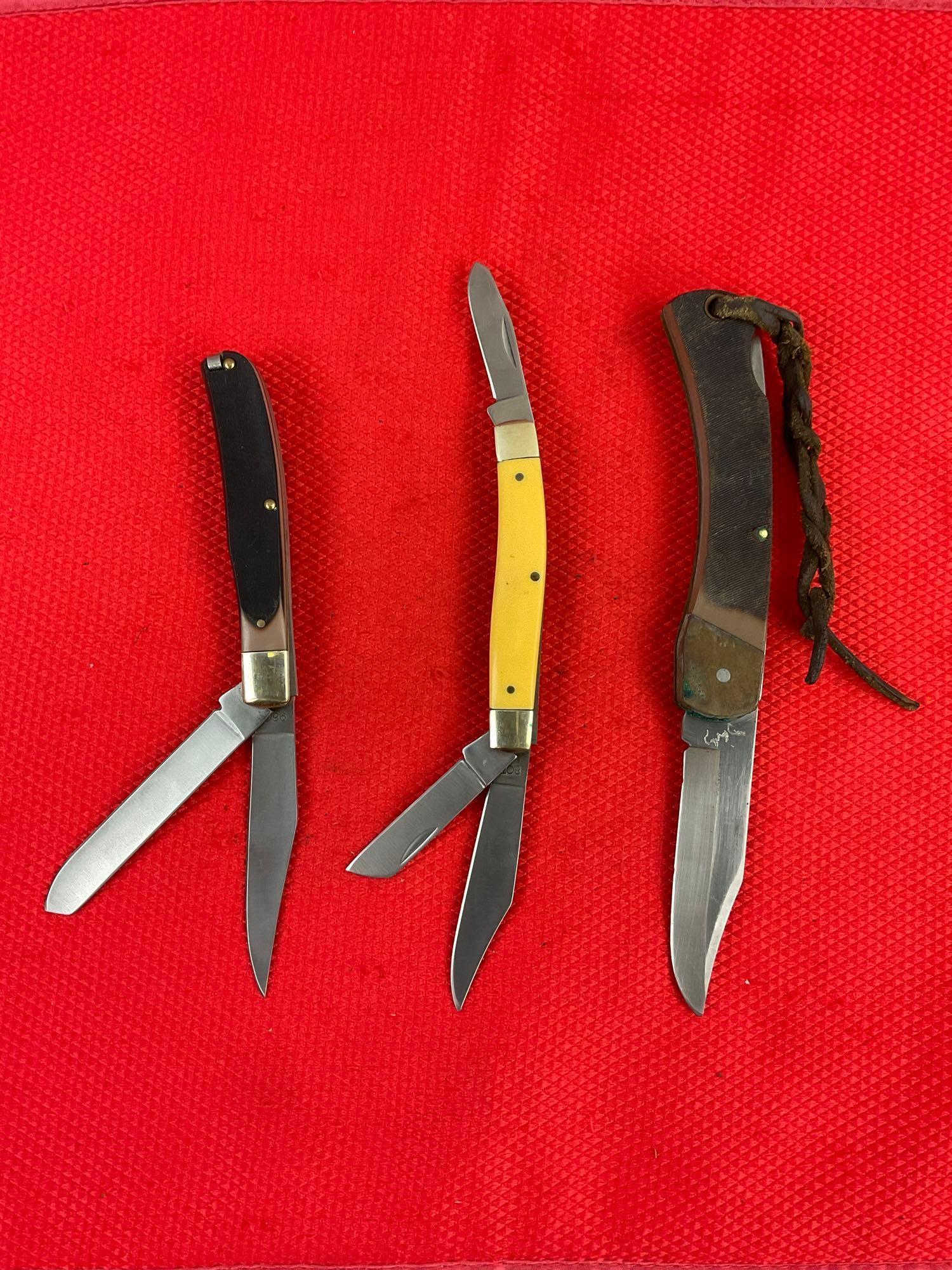 3 pcs Schrade Old Timer Steel Folding Blade Pocket Knives Models 6OT, 8OTY, 96OT. See pics.