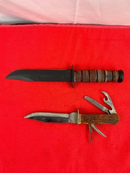 2 pcs Steel Fixed Blade Knives w/ Leather Sheathes. KA-BAR USMC Straight Edge Repro. See pics.