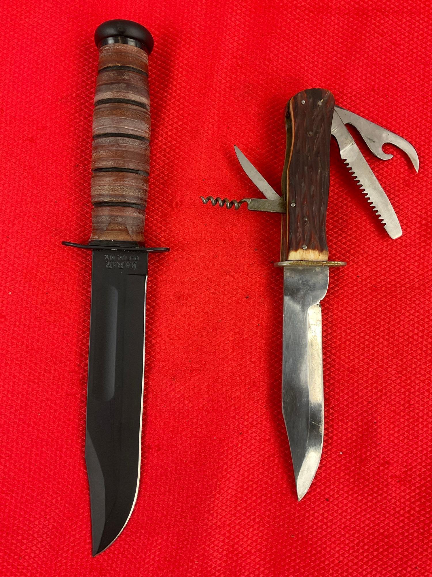 2 pcs Steel Fixed Blade Knives w/ Leather Sheathes. KA-BAR USMC Straight Edge Repro. See pics.