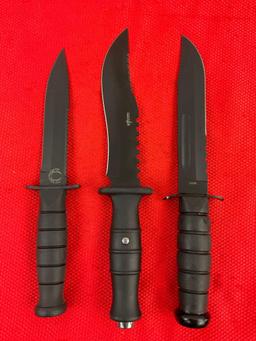 3 pcs Modern Steel Fixed Blade Tactical Knives w/ Sheathes. 1x Survivor, 1x D.O.T.T., 1x Unknown.